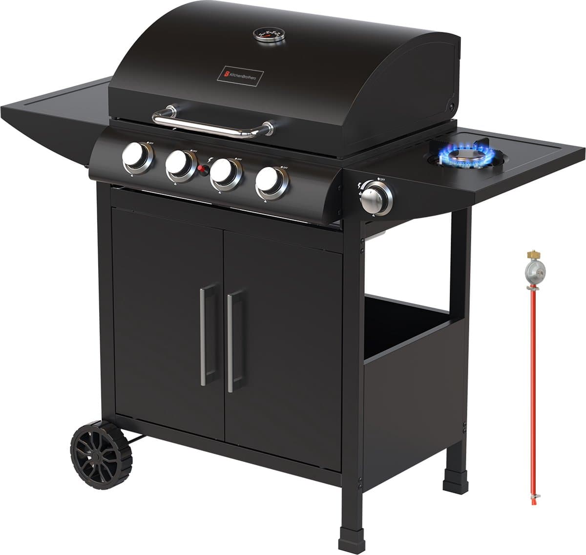 KitchenBrothers Gas BBQ - Gasbarbecue met zijbrander - 5 Branders - PFAS Vrij - Met Gasaansluiting - 42x57cm Grilloppervlak - Extra Opbergruimte - Zwart — afbeelding 1