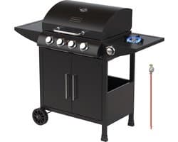 KitchenBrothers Gas BBQ - Gasbarbecue met zijbrander - 5 Branders - PFAS Vrij - Met Gasaansluiting - 42x57cm Grilloppervlak - Extra Opbergruimte - Zwart