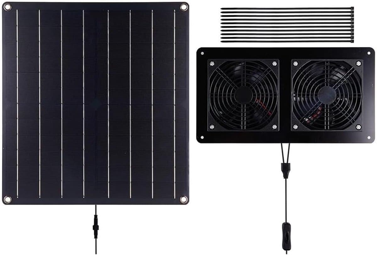 Zonneventilator Uitlaat - Zonne-afzuiger Ventilator - Ventilatie Buitenruimte - Krachtig 20W Zonnepaneel - 69.6 CFM Luchtstroom - Zwart — afbeelding 1