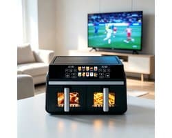 NETTLIFE Dubbele Airfryer 10L - Dual Zone 5+5L - Hetelucht Friteuse met Venster - SYNC & DUAL Functie - 2200W Touchscreen - 24 Uur Timer - Vaatwasserbestendig - Zwart