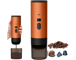 Hutjemutje - draagbare koffiezetapparaat - koffiemachine - draadloos voor in de auto - 12V - espresso - nespresso - dolce gusto - capsule koffie - gemalen koffie - oplaadbaar - oranje