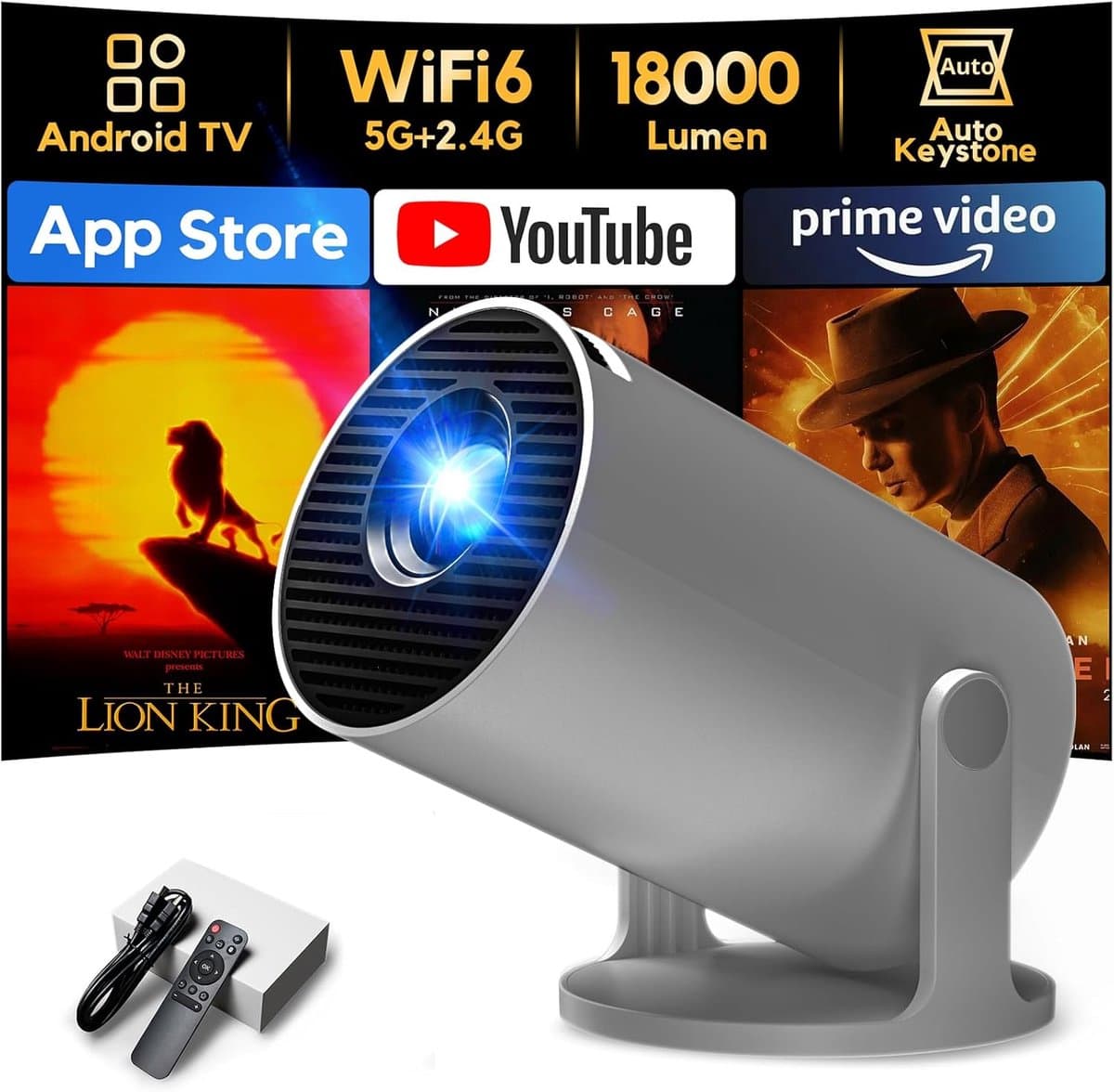 SnelShoppen - Mini Beamer 1080P met WiFi 6, Bluetooth 5.2, Auto Trapezcorrectie, Draaifunctie, Kleine Projector voor Camping, Tuin, Feest, Smartphone, — afbeelding 1