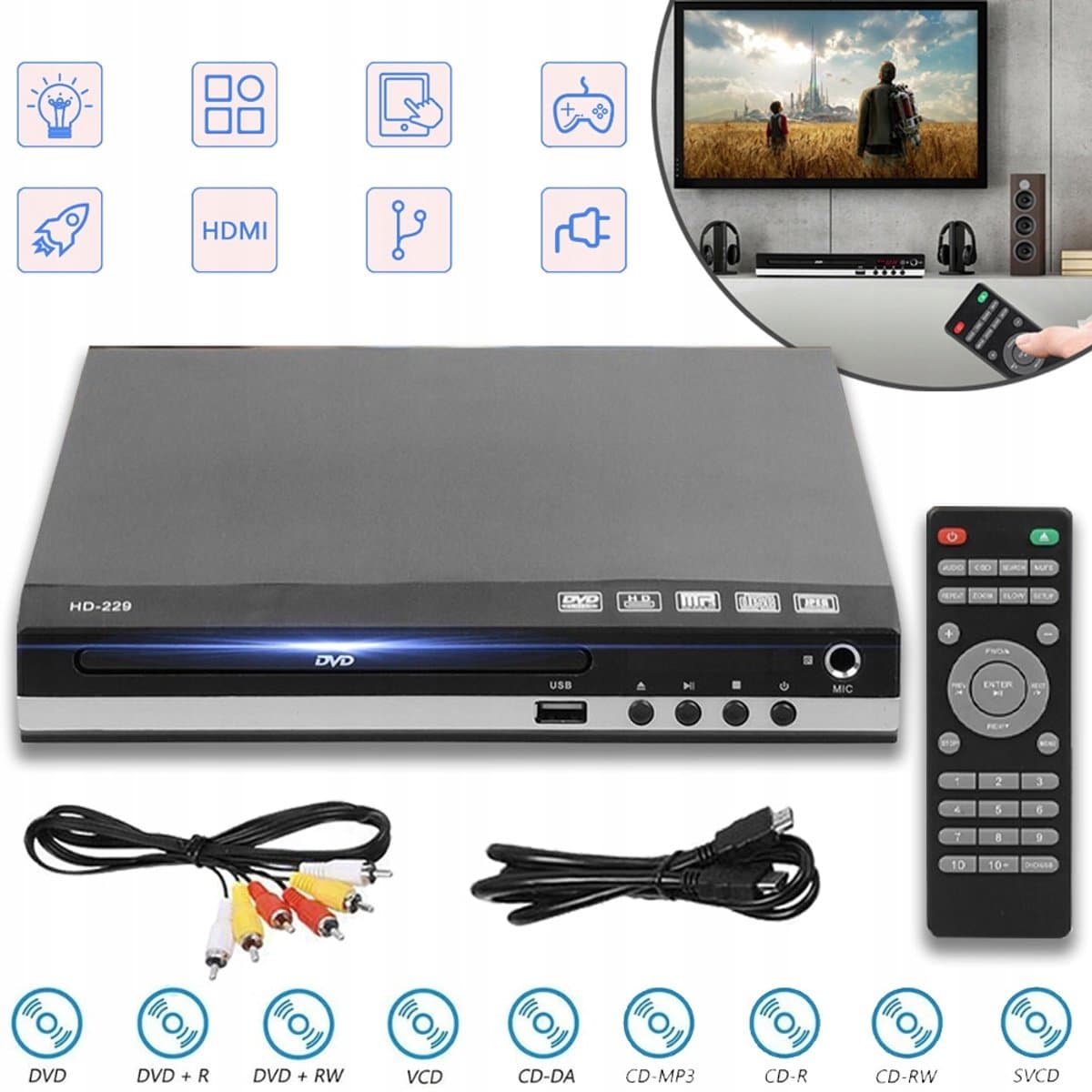 Multi-formaat DVD-Speler Met HDMI En USB - Karaoke Hervatten Van Afspelen Kopiëren Naar USB Afstandsbediening Compact - Voor Thuis En Studentenkamer — afbeelding 1