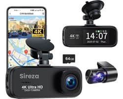 Sireza® D3 - Dashcam - Dashcam Voor Auto - Dual Dashcam - Ultra 4K & UHD - Voor en Achter Camera (170°) - WiFi - 2 inch met App - A-GPS live locatie + snelheid - 64GB SD Kaart - Loop Opname - G Sensor -mini koevoet - NL/FR/ENG Handleiding