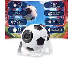 2026 Mini-projector voor voetbal, ondersteunt 4K/1080p & 220 ANSI-lumen, draagbare projector, automatische verticale keystone-correctie, 270° draaibaar, met dual-band Wi-Fi 6 en Bluetooth 5.4