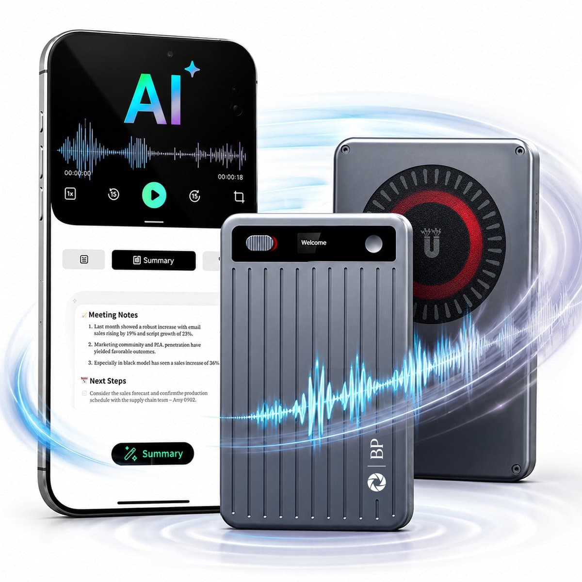 BP® AI Voice Recorder - 64GB - AI Dictafoon - Transcriptie & Samenvattingen - Audio Recorder - Bluetooth App - Mindmaps — afbeelding 1