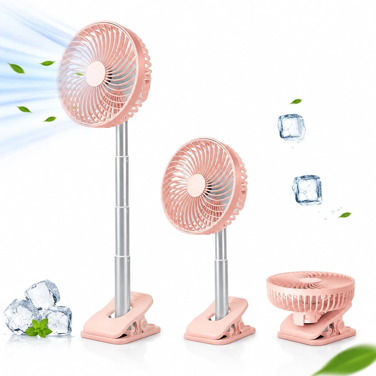 3-1 Ventilator Staand - Tafelventilator - Clip Ventilator - Staande Mini Ventilator - USB Oplaadbare Ventilator - Uitschuifbare Ventilator - 4 Standen - Timerfunctie - Roze — afbeelding 1