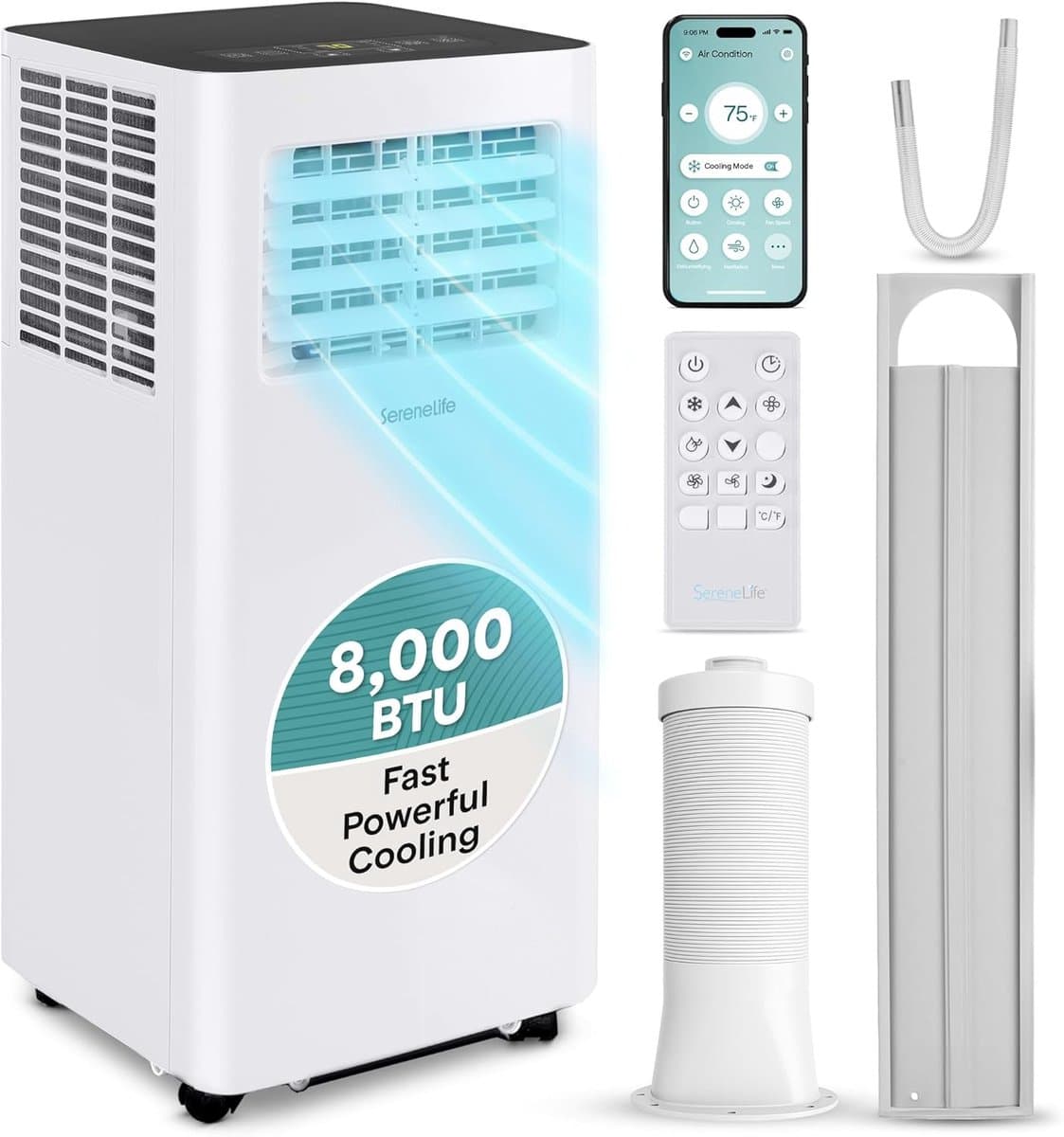 Mobiele airco 8000 BTU draagbaar met ontvochtiger, ventilator en led-display inclusief raamkit — afbeelding 1