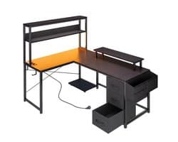 NordHaus L-vormig bureau - Gamingbureau - Computerbureau - LED-verlichting en opbergruimte - 100 x 48 x 148 cm