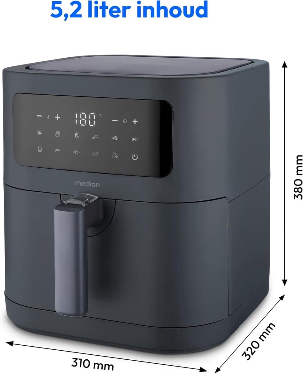 Airfryer 5,2 Liter – Heteluchtfriteuse – 9 Automatische Programma's – Digitaal Touchscreen – 2150W Matgrijs — afbeelding 1