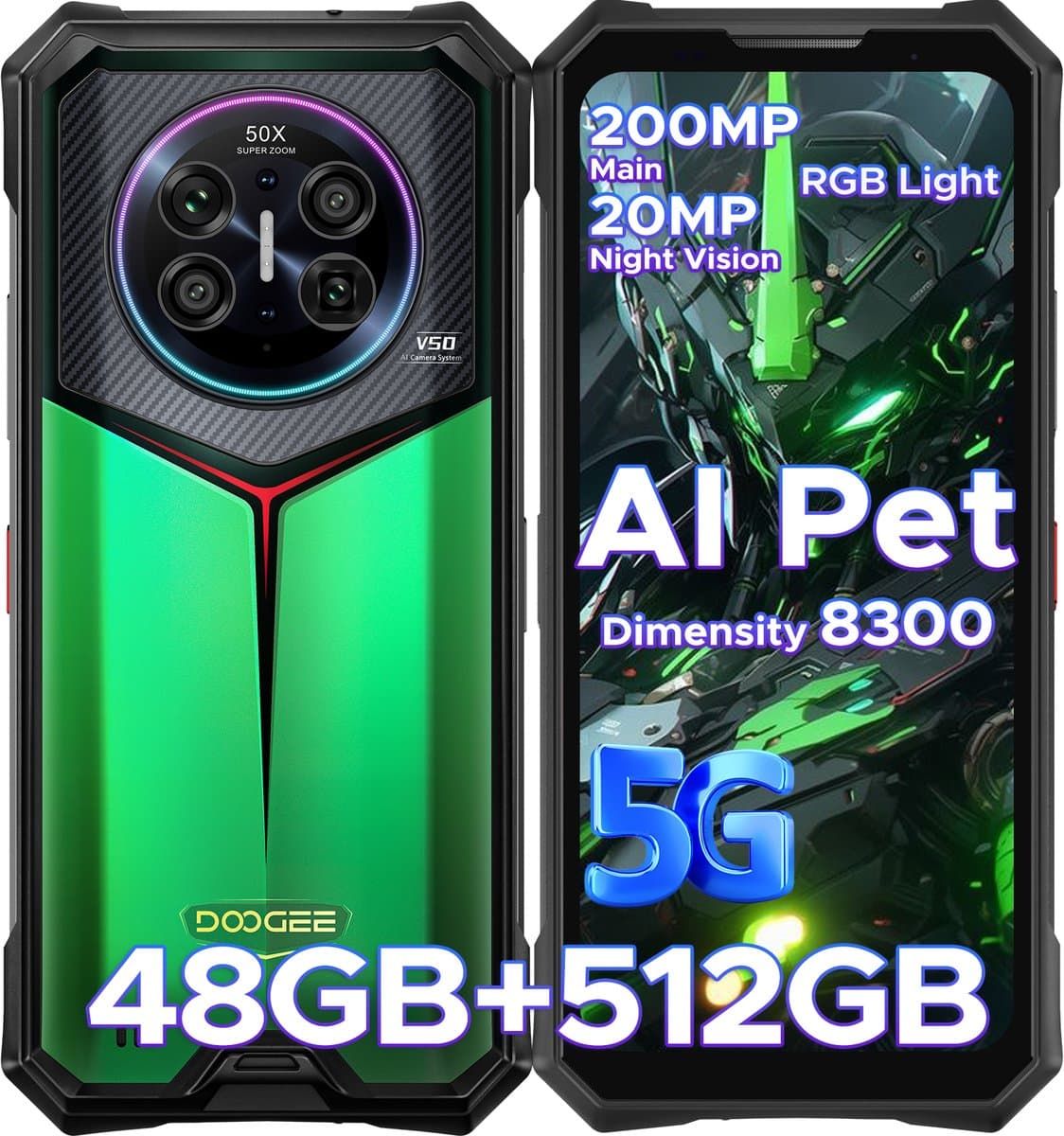 DOOGEE V50 5G - AI telefoon - Robuuste Smartphone - Android 16 - Dimensity 8300 - 48GB RAM + 512GB ROM / 2TB TF - 11000mAh/66W - RGB-sfeerlicht- 6,78 inch FHD+ - 200MP + 32MP -NFC - Face ID - Gemini AI -WIFI6E -Vingerafdrukherkenning - GPS — afbeelding 1
