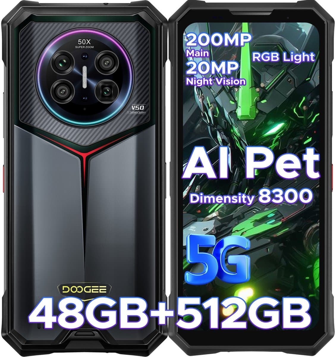 DOOGEE V50 5G - AI telefoon - Robuuste Smartphone - Android 16 - Dimensity 8300 - 48GB RAM + 512GB ROM / 2TB TF - 11000mAh/66W - RGB-sfeerlicht- 6,78 inch FHD+ - 200MP + 32MP -NFC - Face ID - Gemini AI -WIFI6E -Vingerafdrukherkenning - GPS — afbeelding 1