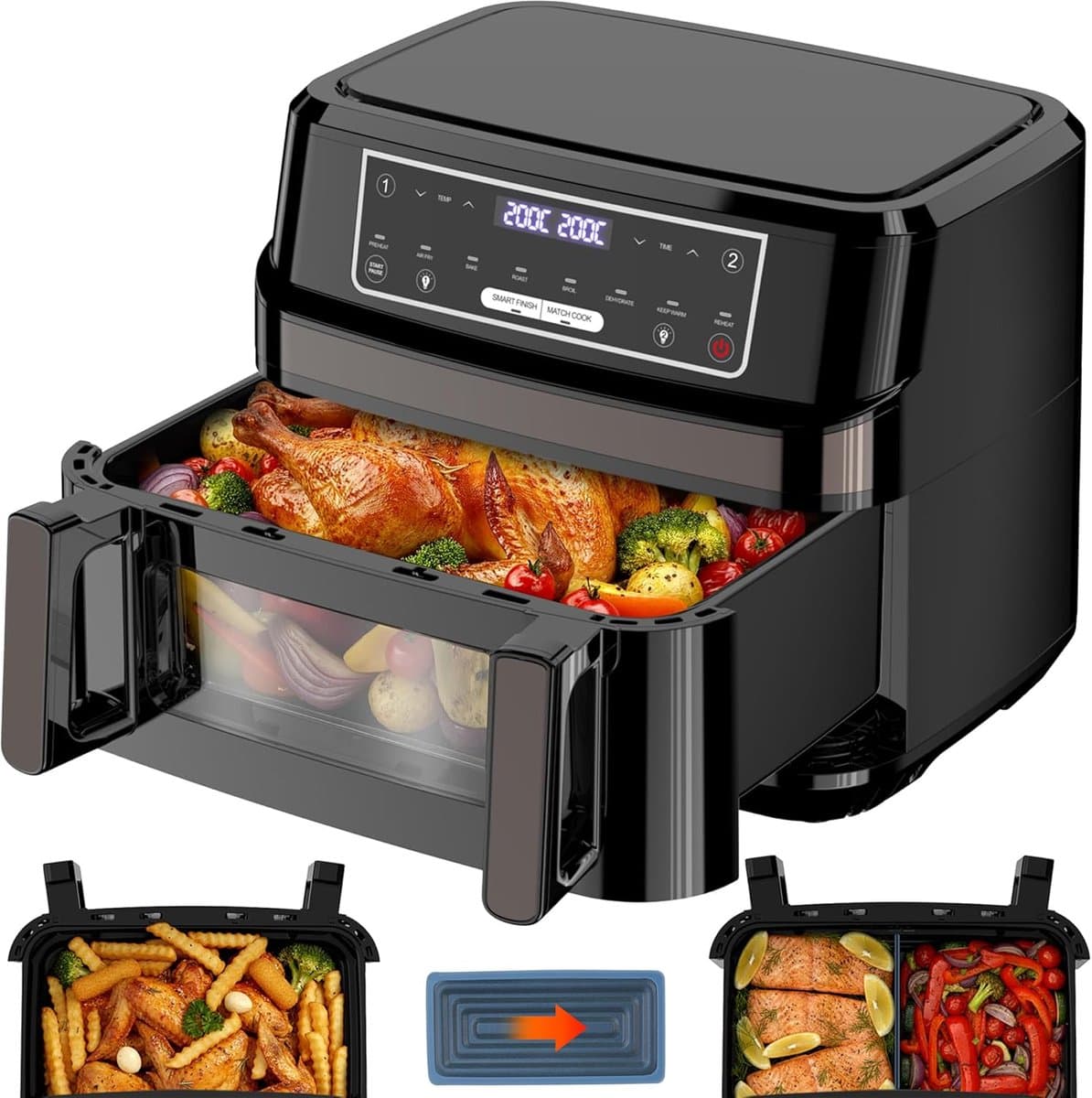 12L XXL Airfryer met Dubbele Mand – 2600W Heteluchtfriteuse met LED Touchscreen, Kijkvenster, Binnenverlichting en 8 Programma’s – Zwart — afbeelding 1