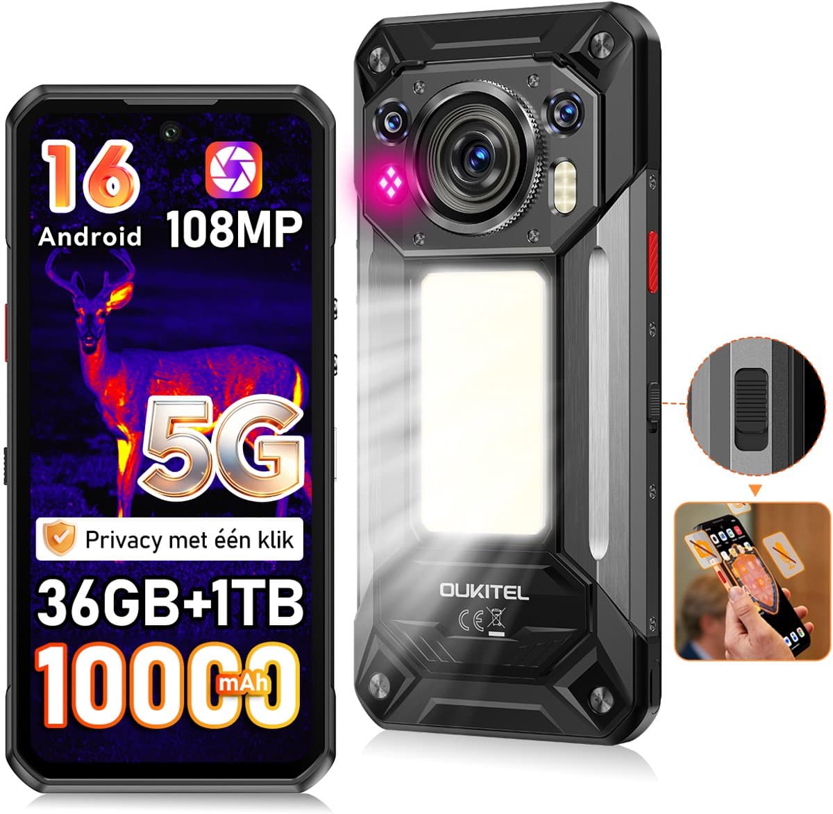 Robuuste smartphone - OUKITEL WP500 Ultra - 6,78'' FHD+ scherm - 32GB RAM - 1TB ROM - 10000 mAh 45W - 5G Dual SIM - warmtebeeldcamera - NFC GPS 2026 nieuw - Zwart — afbeelding 1