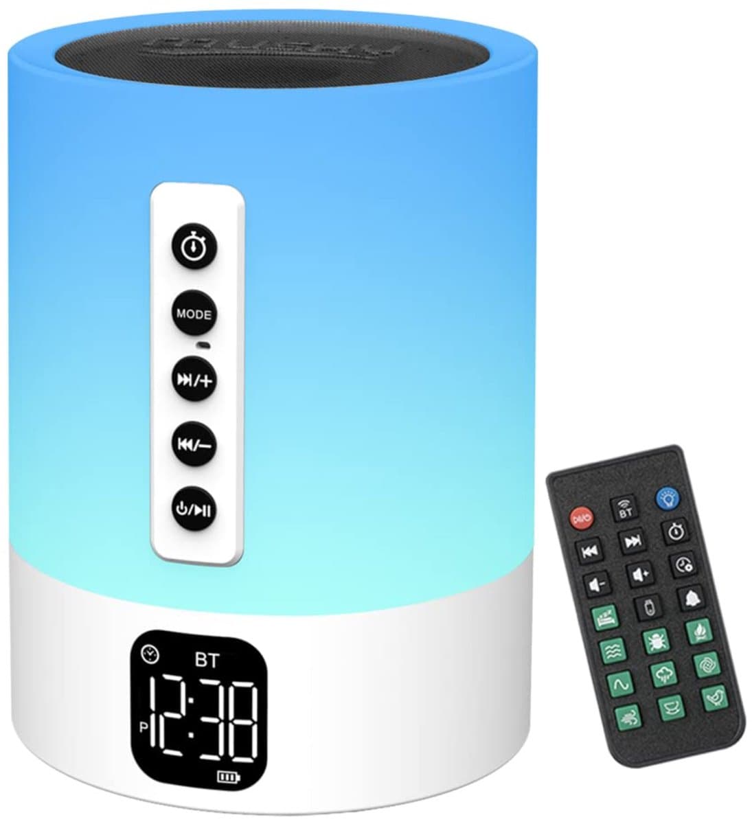 Bluetooth Speaker met Wekker en LED Nachtlampje - 6-in-1 White Noise Machine en Slaaphulp, Dimbare Nachtlamp met 48 Kleuren, Digitale Wekker met Snooze, MP3-Speler en Handsfree Bellen — afbeelding 1