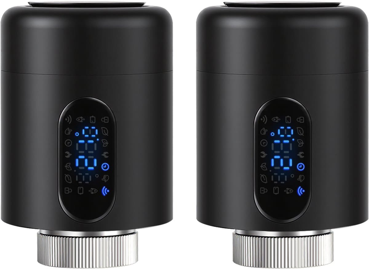 Slimme Radiatorthermostaat WiFi met App – Smart Life/Tuya Smart – Zwart – 2-pack — afbeelding 1