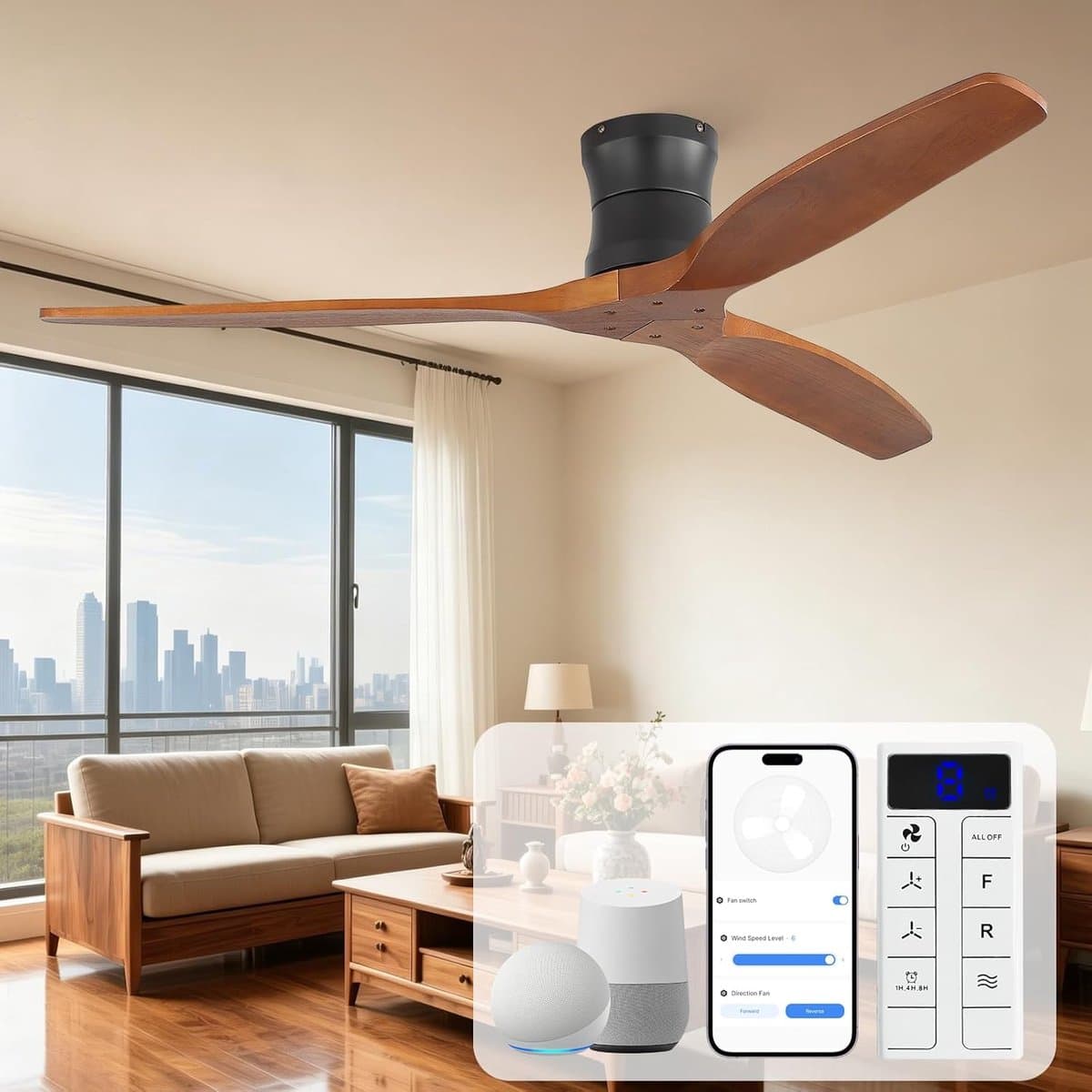 Plafondventilator 132 cm stil met afstandsbediening Smart Wifi Timer DC motor massief hout — afbeelding 1
