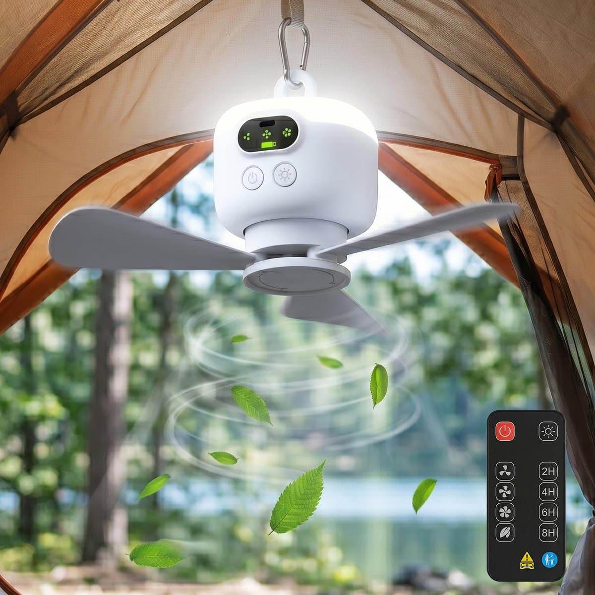 Rosnek Oplaadbare Plafondventilator met Lamp - 8000mAh Campingventilator - Draadloze Tentventilator met Onafhankelijk Nachtlampje & Afstandsbediening - Plafondlampen met ventilator Ø 27cm - Wit — afbeelding 1
