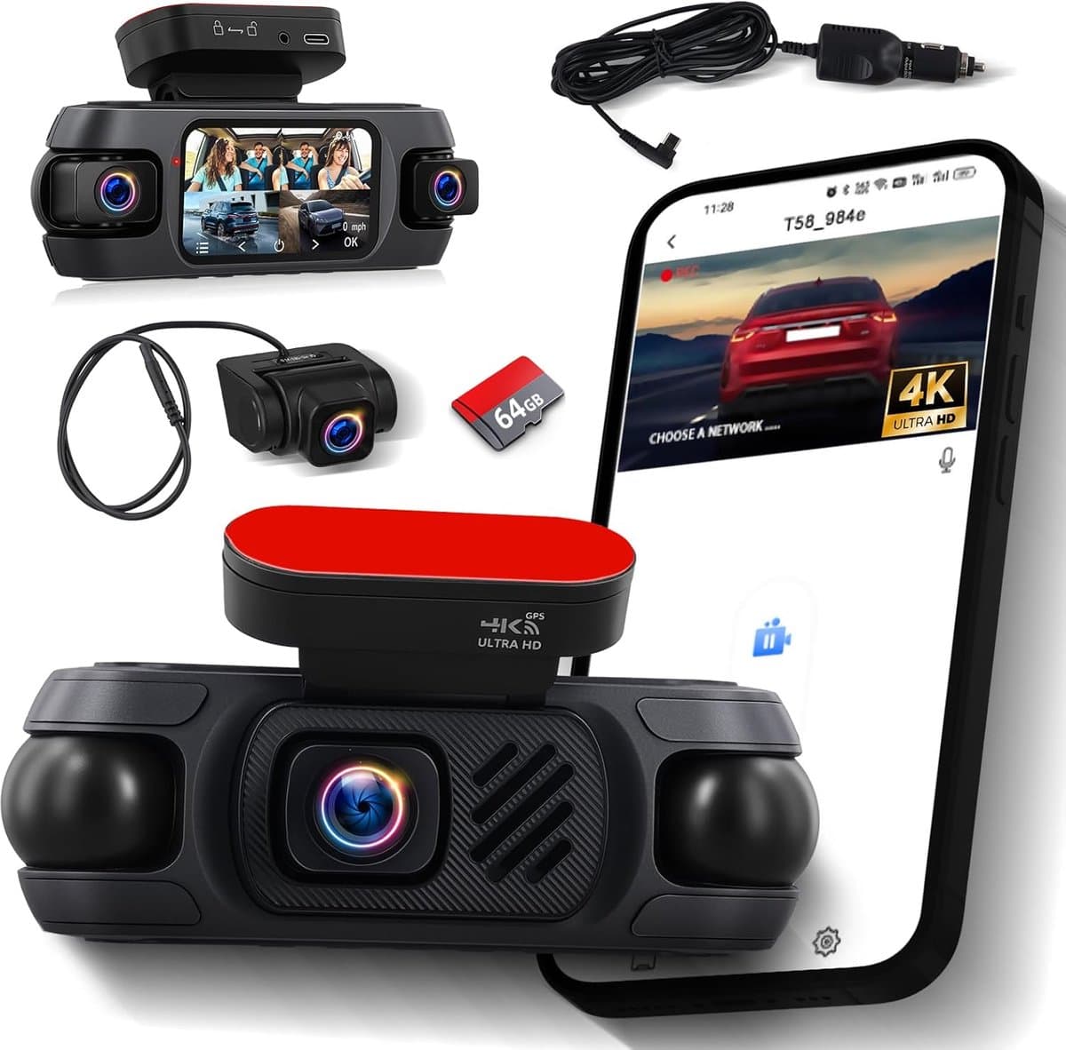 SnelShoppen - 360° Dashcam 4K voor Auto met WiFi, GPS, 1080P Interieurcamera, 64GB Geheugen, Compact en Onopvallend, Ideaal voor Veilig Autorijden — afbeelding 1
