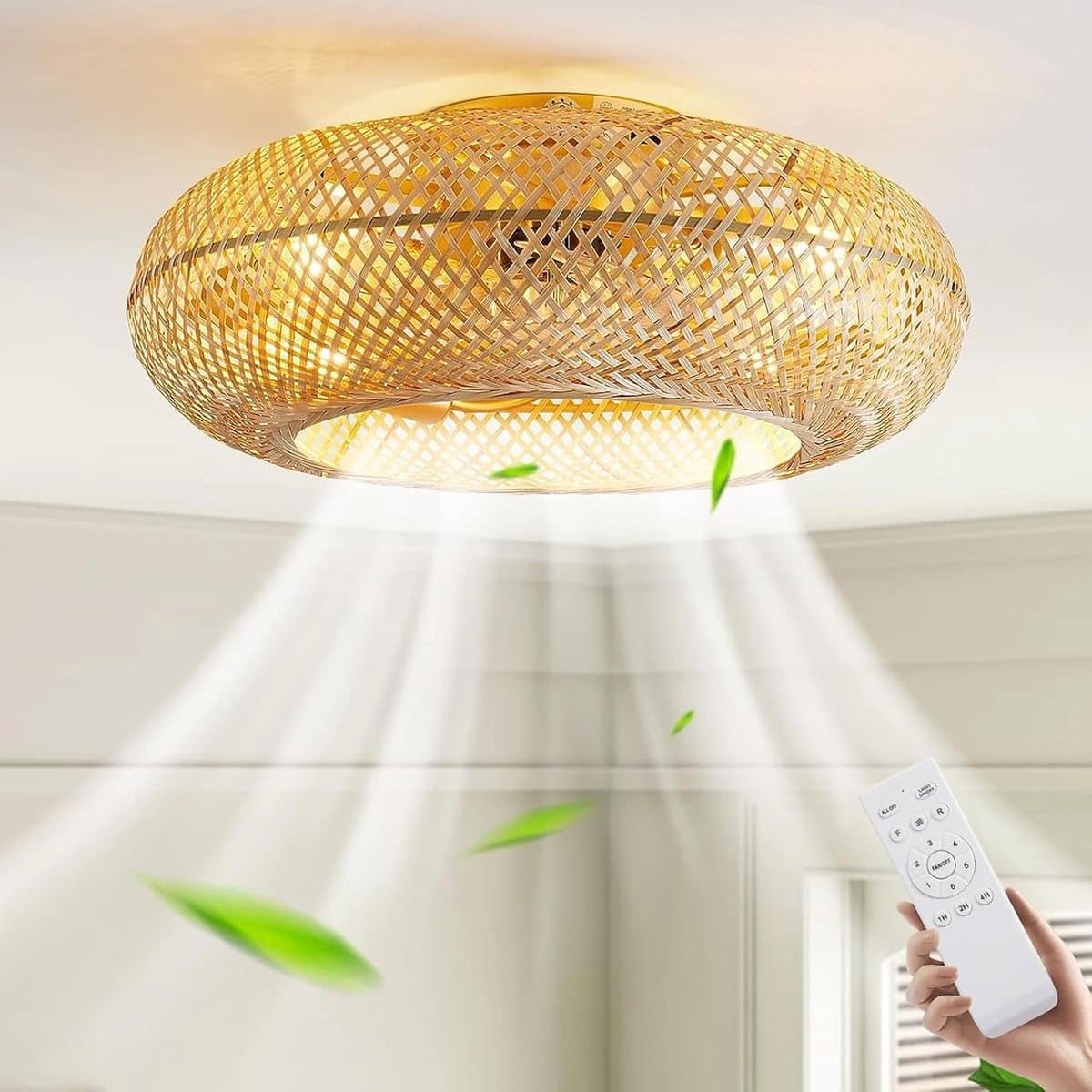Retro plafondventilator met bamboe design en verlichting — afbeelding 1