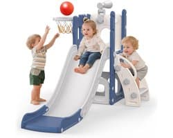 5-in-1 glijbaan voor kinderen, 5-in-1 glijbaan voor binnen en buiten, speelplaats voor kinderen met basketbalmand, opbergruimte en telescoop, speelplaats voor kinderen vanaf 1 jaar, blauw