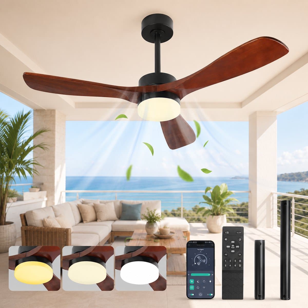 MUPOO hout Grote Plafondventilator met Verlichting 132 cm -Stille DC Motor- Zomer- en Winterstand & Dimbare-APP & Afstandsbediening -6 Snelheden & Timer- Houten Bladen- Ventilator Lamp Plafond voor Woonkamer, Slaapkamer & Eetkamer — afbeelding 1