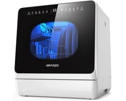 AIRMSEN Mini Vaatwasser 45cm - Zoutreservoir - Vrijstaande Tafelmodel Afwasmachine (5L Tank) - 8+3 Programma's - 5 Couverts - Wit/Zwart