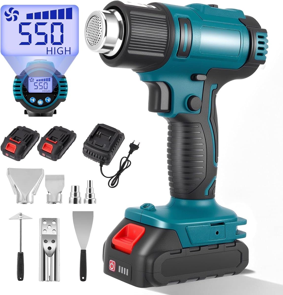 Hot Air Gun, Battery, Hot Air Gun with 2 x 4.0 Ah Battery, 50-550 °C, Plastic Welding Machine, Wireless, with 5 - ShopVlot — afbeelding 1