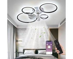LuxiLamps - 4 Ringen LED Plafondventilator - Zwart - 6 Snelheden - Smart lamp - Dimbaar Met Afstandsbediening & APP - Moderne Cirkel Ventilator Licht - Kroonluchter Ventilator — afbeelding 1