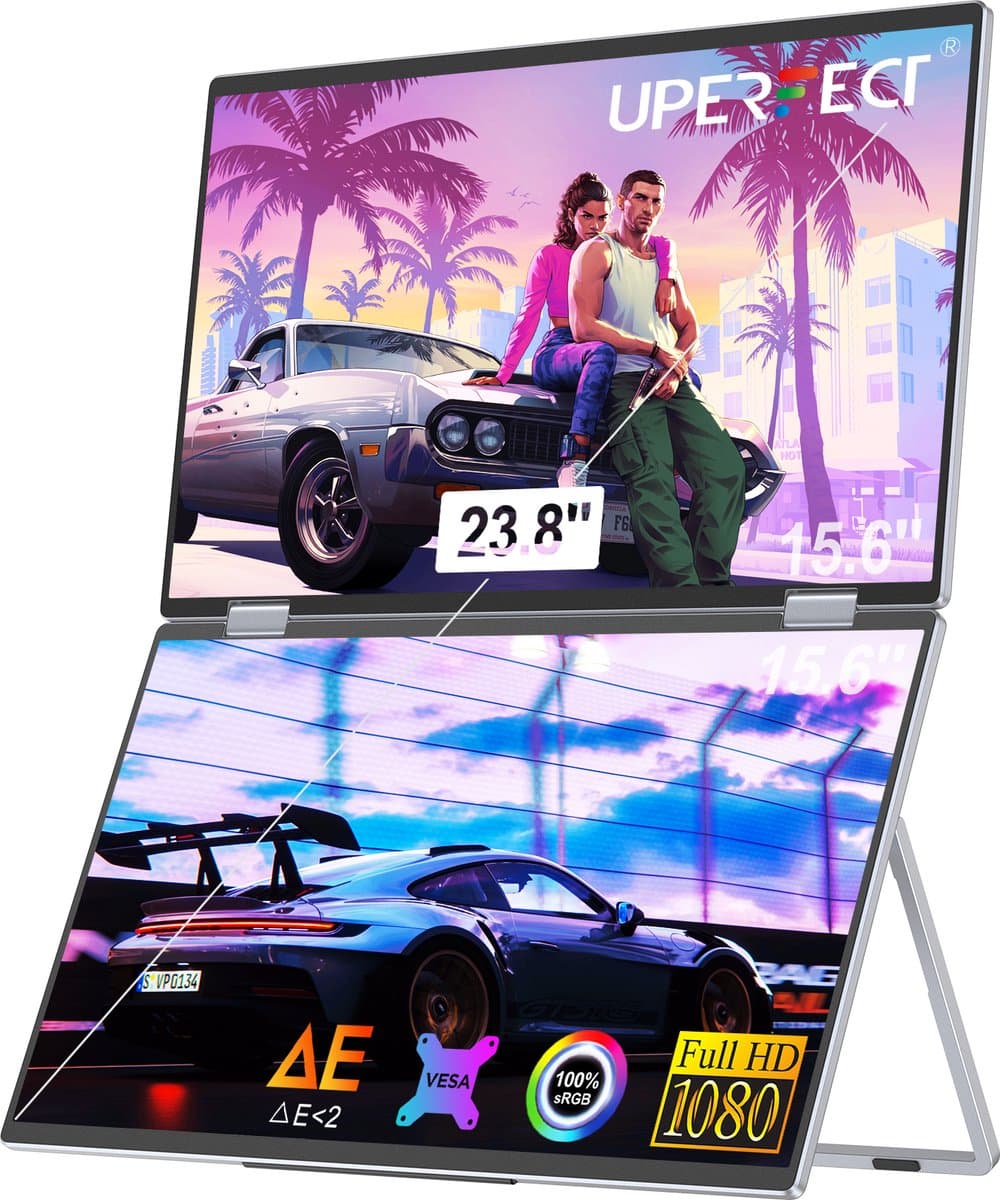 UPERFECT 15,6" Dual Draagbaar Monitor 1080P 100% sRGB 1000:1 ZWART Tweede Scherm met Geïntegreerde Mount & VESA Mount voor Laptop/Switch/MacBook — afbeelding 1