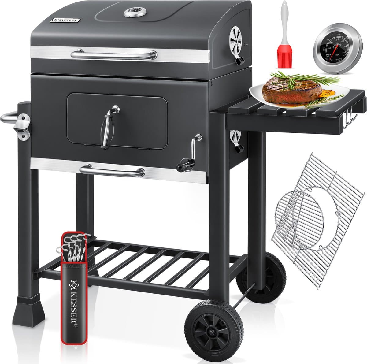 KESSER® Houtskoolbarbecue XL Barbeque Houtskool met Deksel, Wielen, Roestvrij Stalen Handvat, Barbecuerooster en Thermometer, 8 Spiesen met Zakje & siliconen Borstel, grote BBQ Camping Terras Tuin — afbeelding 1