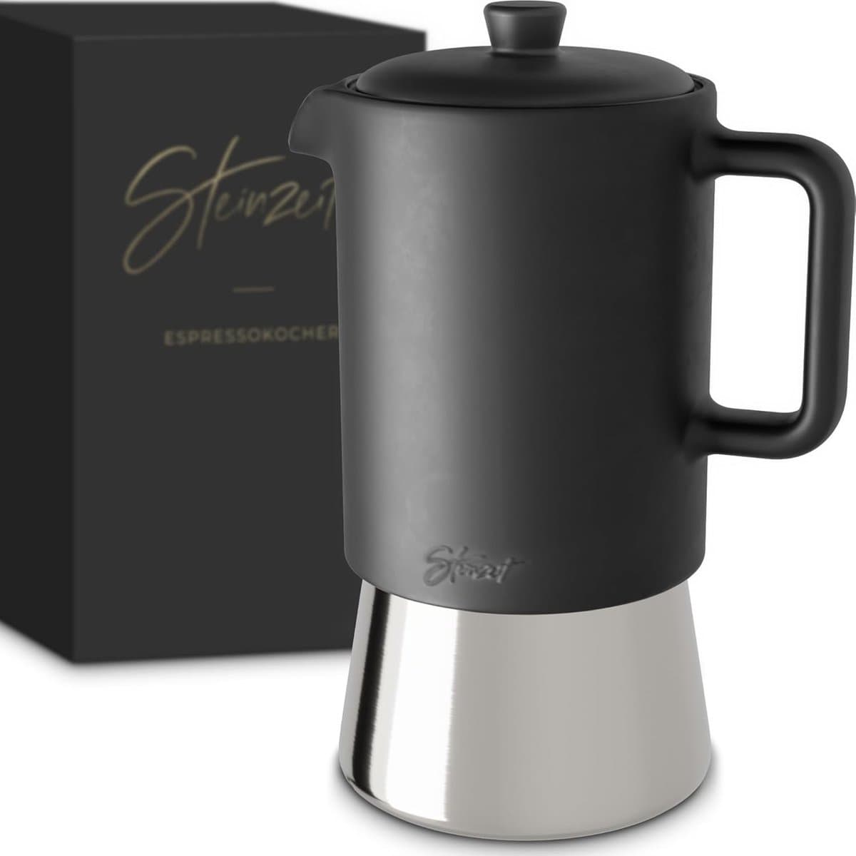 Steinzeit Design Espressomaker van Keramiek (300ml) - Espressomaker Inductie geschikt voor alle soorten fornuizen - Mokkakan met RVS basis en keramische kan - Espressomaker Roestvrij Staal — afbeelding 1