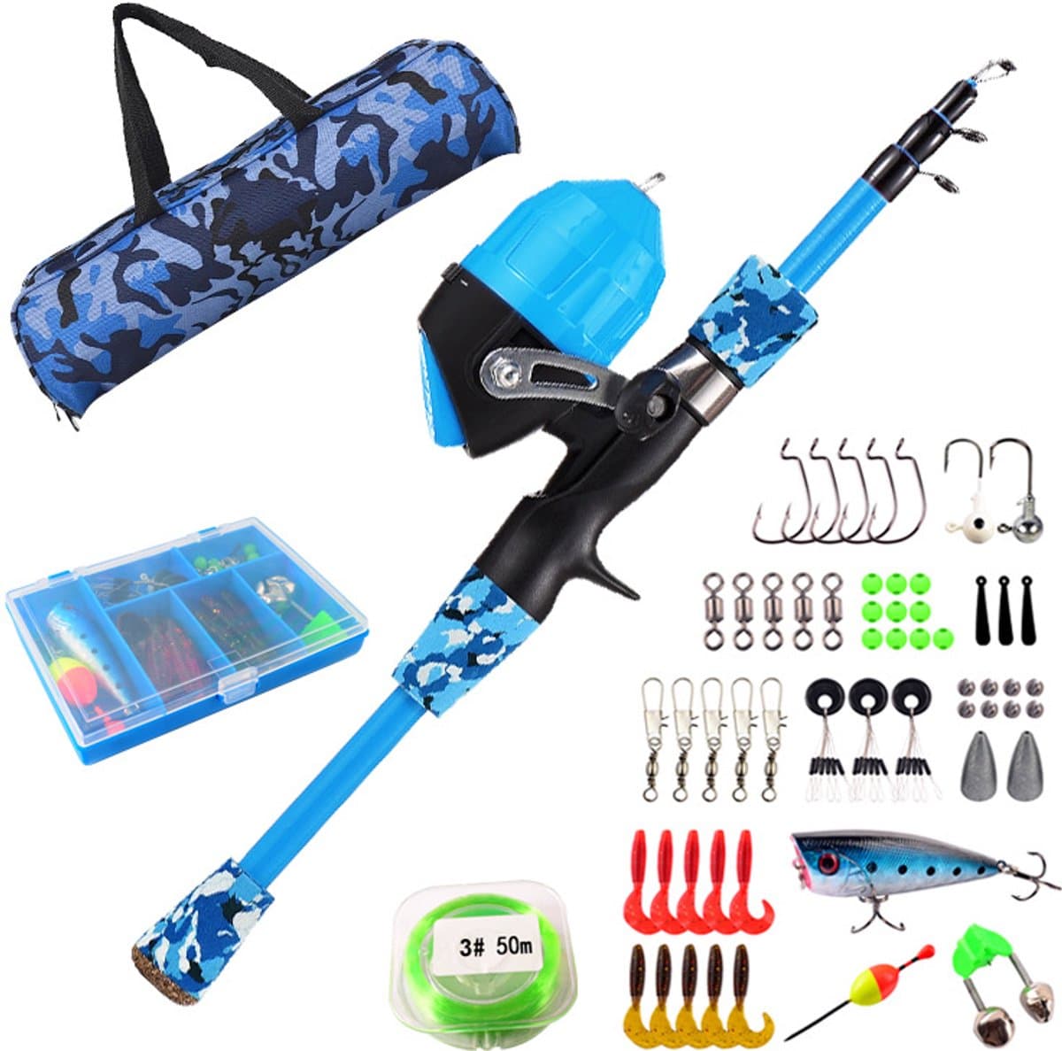 Kindervishengel - 1.2M - Vishengel Set Voor Beginners -Vishengel Kinderen - Complete Hengelset - Vishengelset - Vishengel set - Hengel - Met spincast-vismolen, visgerei, vislokmiddelen, vislijnen - Blauw — afbeelding 1