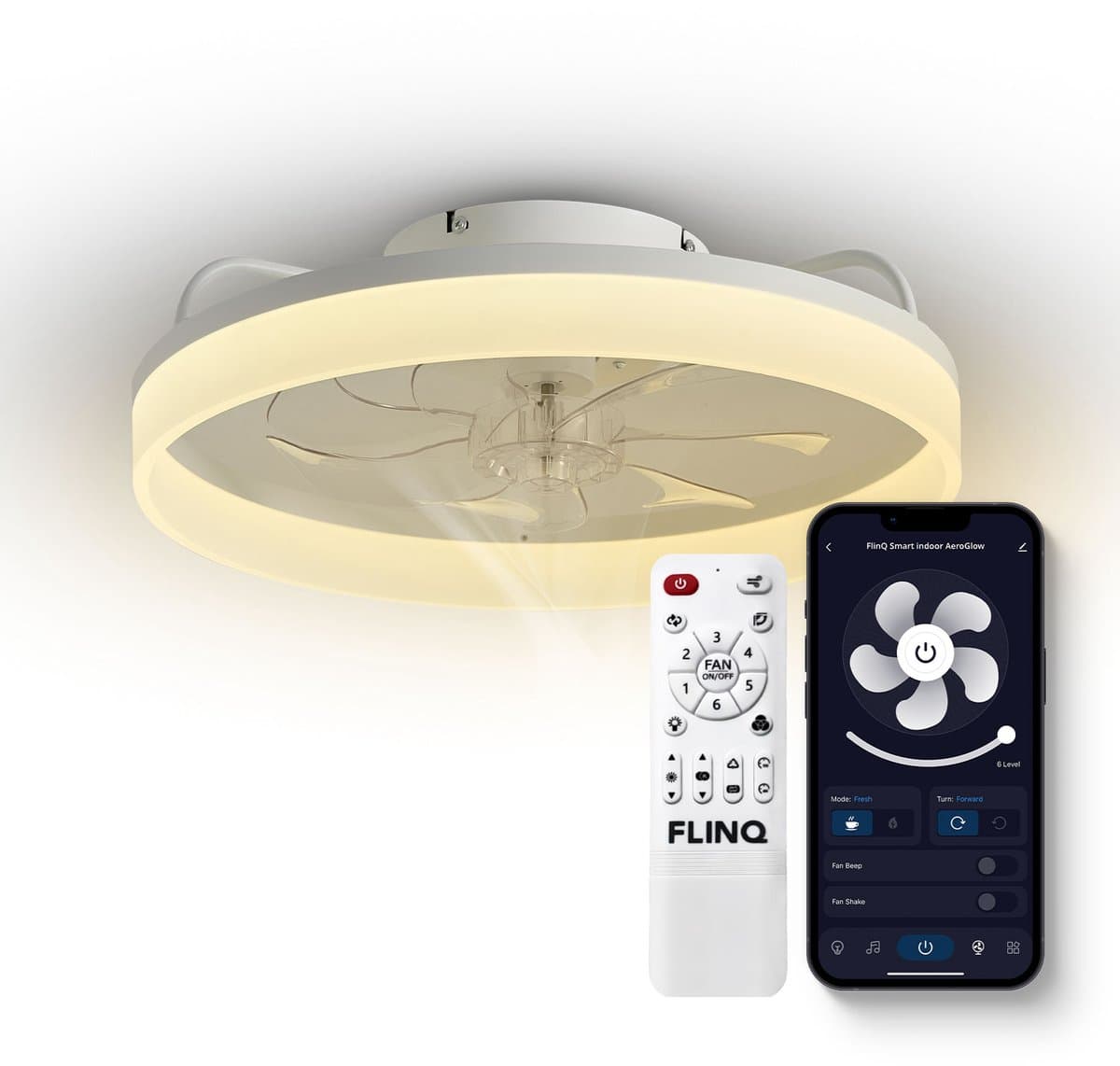 FlinQ AeroGlow Smart Plafondventilator met Verlichting - Ventilator voor aan het Plafond - Ideaal voor op de Slaapkamer - Bestuurbaar met App of Afstandsbediening - Wit — afbeelding 1