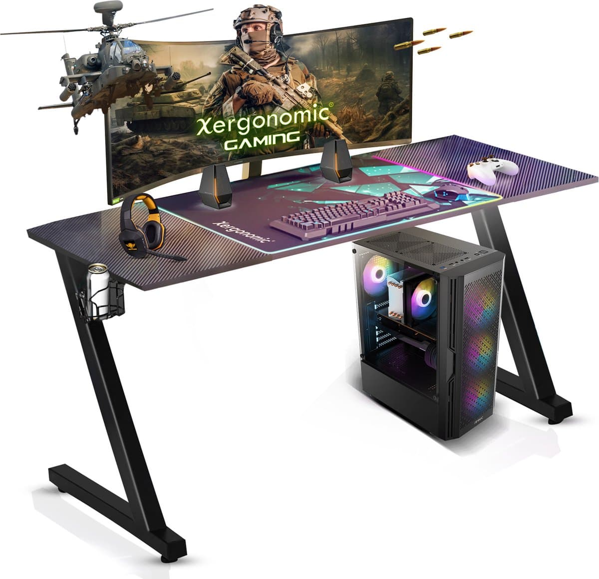 Xergonomic Game Bureau - Gaming Desk - Carbonfiber look - B125xH75xL62 cm - Computer Tafel - Incl. beker-, koptelefoonhouder en kabelorganizer - Xergax - Zwart — afbeelding 1