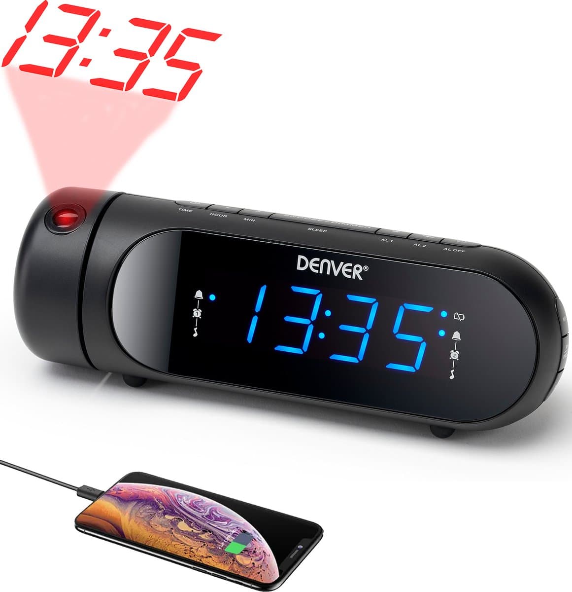 Denver Wekkerradio met Projectie - Opladen via USB - Digitale Wekker - FM Radio - Dubbel Alarm - CPR700 - Zwart — afbeelding 1