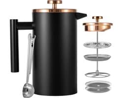 RVS 1 liter Koffiepers 6 kopjes - French Press Thermo koffiepers - Dubbelwandig geïsoleerd - Zwart
