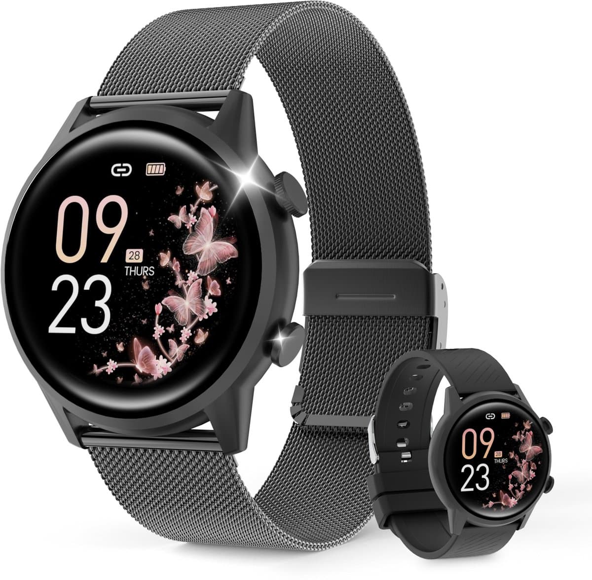 Smartwatch – Nieuw dameshorloge – 1,39-inch scherm – Sporthorloge voor dames – Bellen en gebeld worden – Slaapregistratie en stappenteller – Compatibel met Android 5.0 of hoger / iOS 9.0 of hoger – Zwart – Inclusief 2 horlogebandjes — afbeelding 1