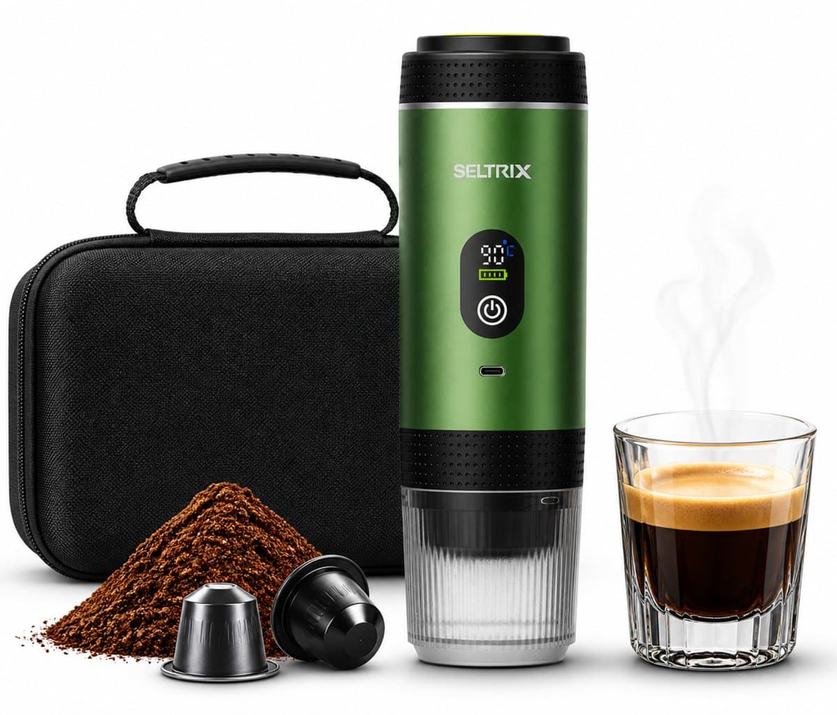 Draagbare Koffiemachine - 20 Bar - Espressomaker voor Onderweg - Inclusief Beschermhoes - 150 ml - 7500 mAh Oplaadbaar - Draagbaar koffiezetapparaat - Cups & Gemalen Koffie - Camping & Reizen - Espresso & Lungo - Seltrix - Groen — afbeelding 1