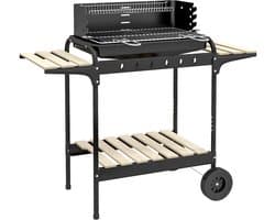 Holzkohlegrill met Smoker en Wielen – Hoogteverstelbaar Grillrooster met Houtopslag – 103 x 47 x 95 cm / 40,6 x 18,5 x 37,4 inch – Zwart