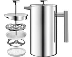 Roestvrij staal FRENCH PRESS/Franse Pers Koffiezetapparaat 34oz (1.0 Liter) met 3 Niveau Filtersysteem - Dubbelwandige Geïsoleerde Cafetière met 1 Extra Filter (Zilver)