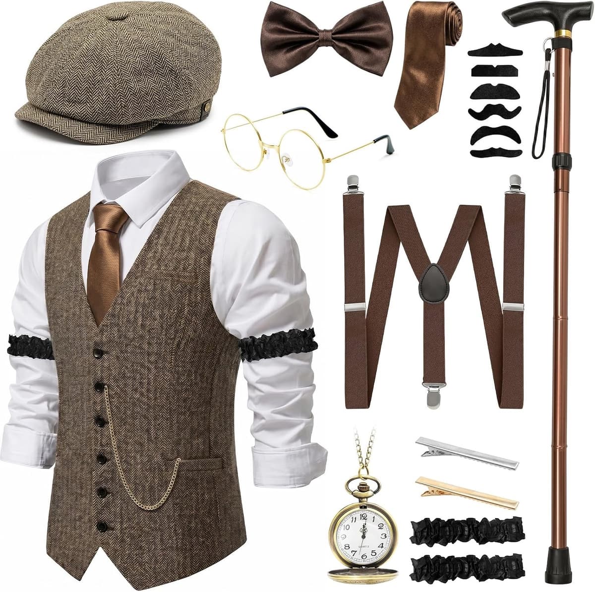 Beamely Retro jaren 20 gentleman kostuumset met vest, hoed en accessoires voor carnaval, carnaval en themafeesten — afbeelding 1