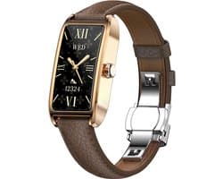 WizBay Premium Select® 1.13 Inch AMOLED Smartwatch Goud met Donker Bruin Leren Band – Hartslag, Bloeddruk SpO₂ Monitoring – Fitness Tracker – Elegant Vierkant Design – Android iOS