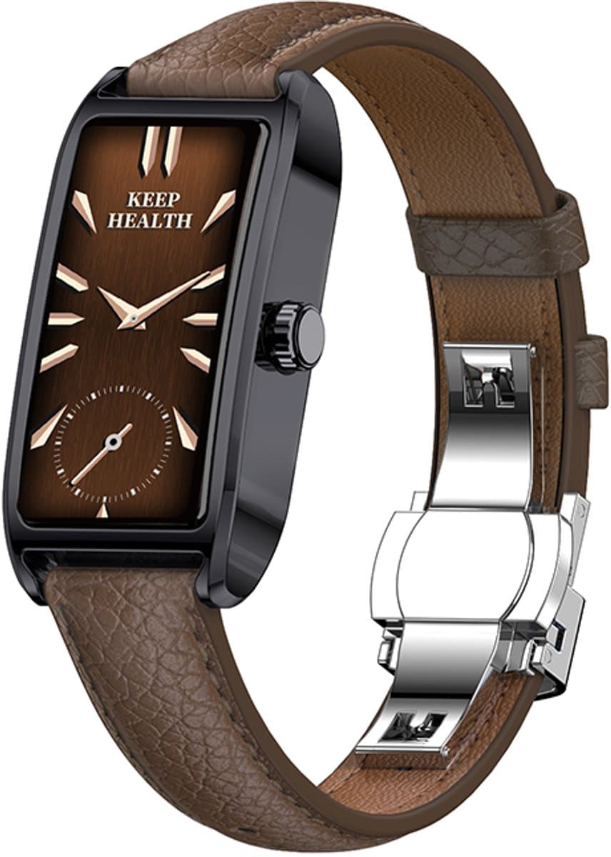 WizBay Premium Select® 1.13 Inch AMOLED Smartwatch Zwart met Donker Bruin Leren Band – Hartslag, Bloeddruk SpO₂ Monitoring – Fitness Tracker – Elegant Vierkant Design – Android iOS — afbeelding 1
