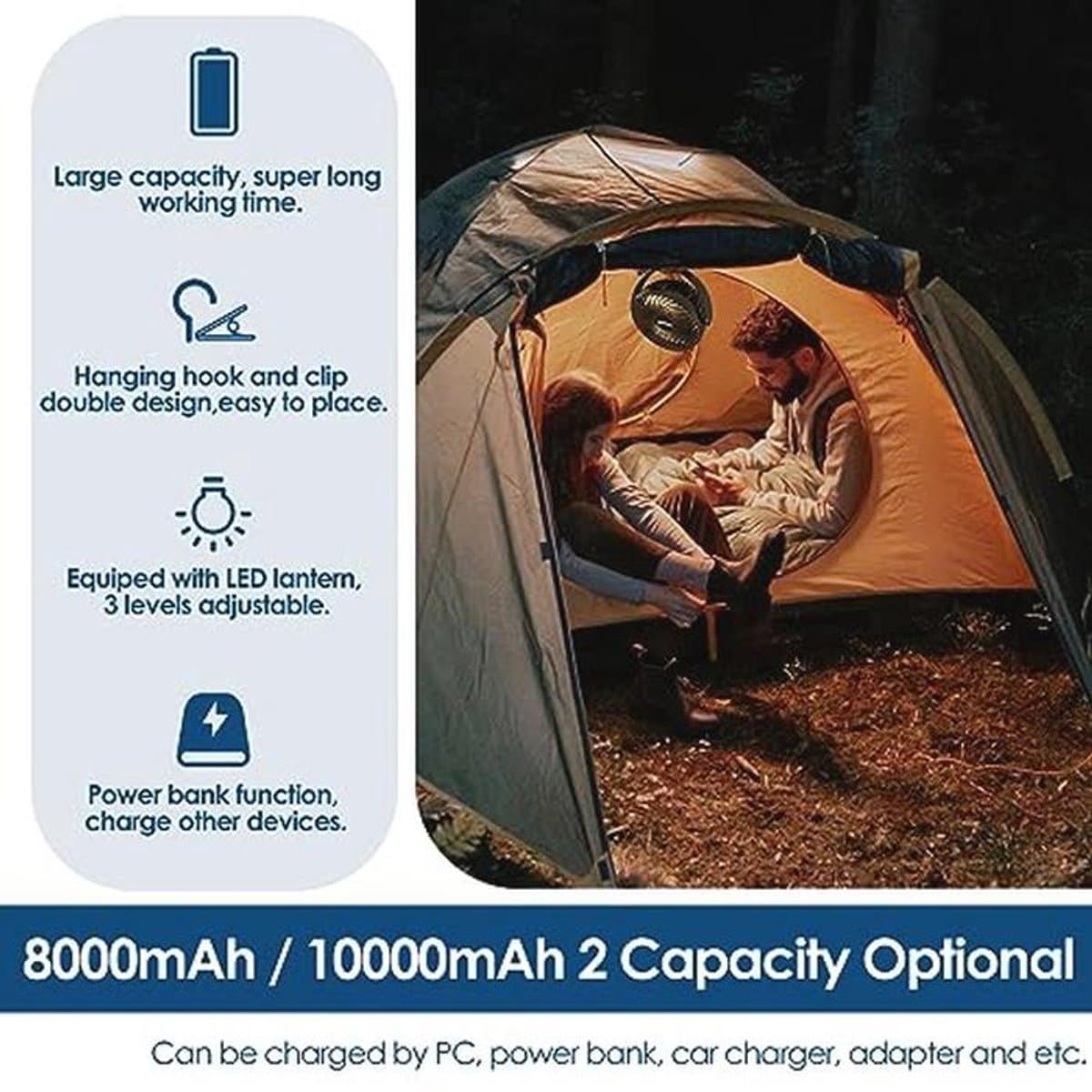 Draadloze 8.000 mAh USB-ventilator met afstandsbediening - Mini campingventilator met 3 snelheden, 720 graden rotatie en LED-verlichting — afbeelding 1