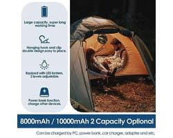 Draadloze 8.000 mAh USB-ventilator met afstandsbediening - Mini campingventilator met 3 snelheden, 720 graden rotatie en LED-verlichting