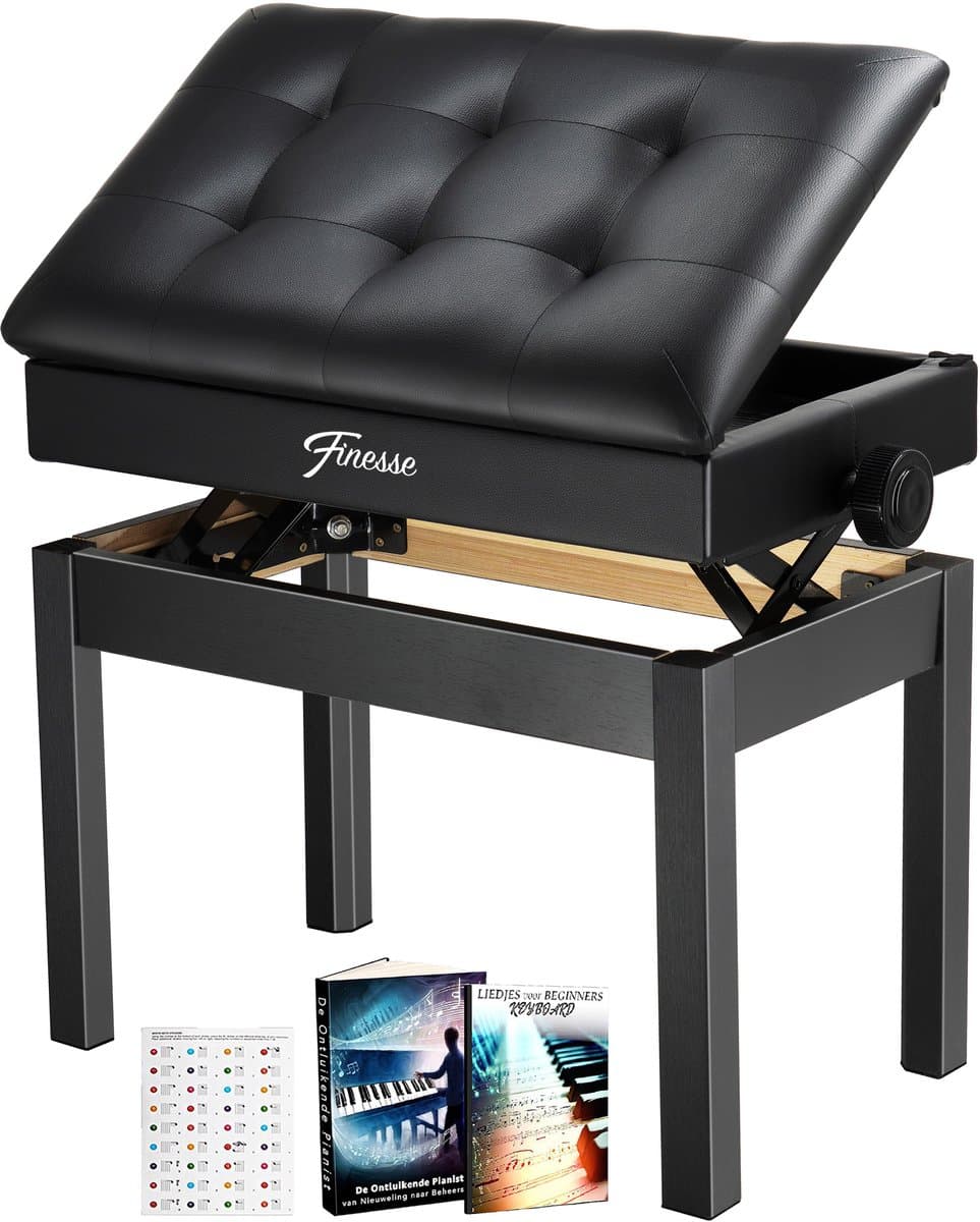 Finesse Premium Pianobank - Hoogte Verstelbaar - met Opbergruimte - Zacht Kussen - Pianokruk - Pianostoel - Zwart — afbeelding 1