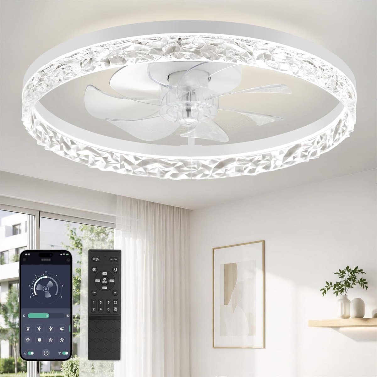 Plafondventilator met verlichting stil dimbaar LED plafondventilator 6 snelheden timer afstandsbediening 50,8 cm wit — afbeelding 1