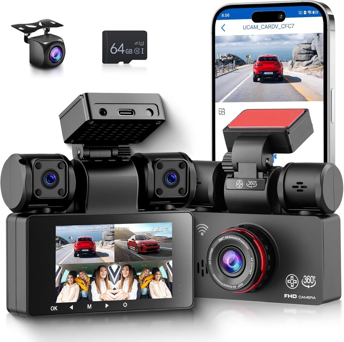 SnelShoppen - 4-kanaals auto dashcam 360° 2K + 1080p voor en achter, WiFi, app, 3-inch scherm, loopopname, nachtzicht, G-sensor, parkeermodus, inclusi — afbeelding 1