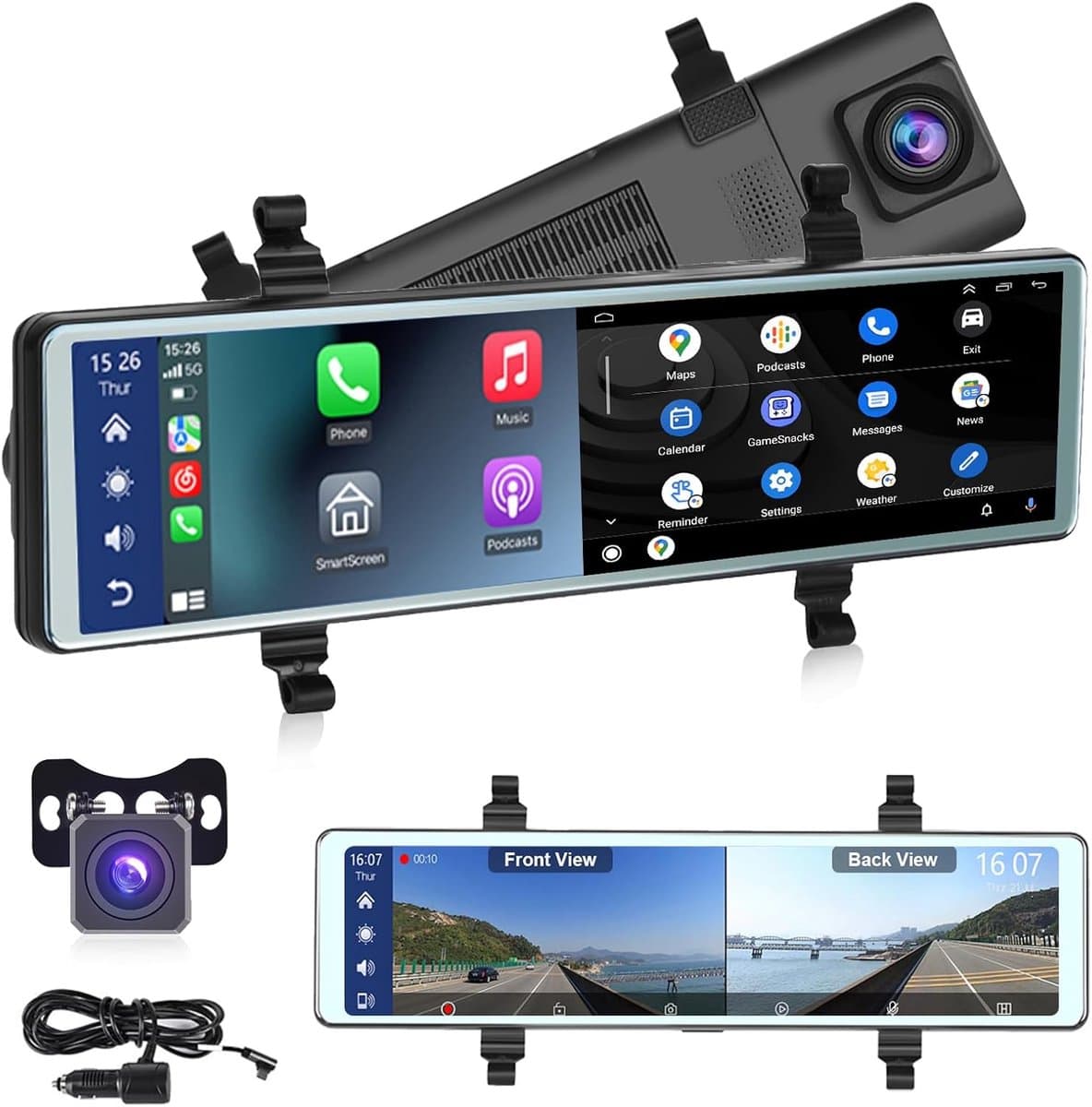 SnelShoppen - Dash Cam Achteruitkijkspiegel 11,26 inch Touchscreen IPS Scherm, Carplay, Wireless Android Auto, Bluetooth, Nachtzicht, WDR, Video-opnam — afbeelding 1